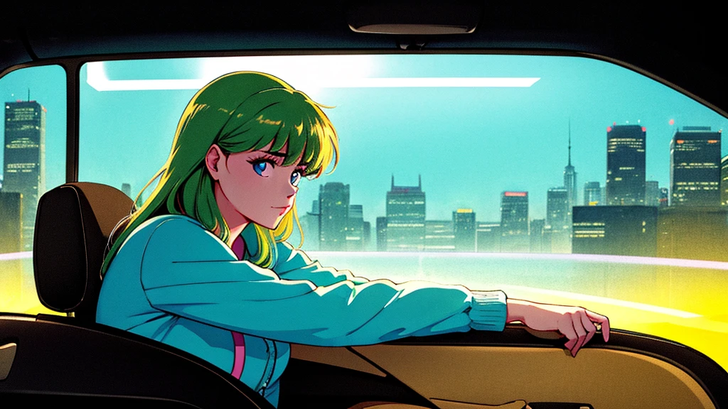 Create an image from the angle inside a car, showing a woman with a thoughtful expression on her face as she gazes out of the side window at the cityscape. The city outside should be visible, illuminated by streetlights and neon signs. Use soft, pastel colors and subtle gradients to capture a dreamy, reflective atmosphere. Ensure the interior of the car feels cozy and comfortable, adding to the overall serene vibe.