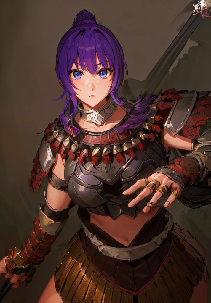 Wearing armor、Anime image of a woman holding a spear, Armor Girl, With scaly armor, Purple Armor, wearing monster hunter armor, A very beautiful berserker woman,Anime Art，Three Kingdoms志，Three Kingdoms。big boods，big ，huge ，sex body，Purple Hair，Blue Eyes，Black Leather，Brown skin，dark skin，