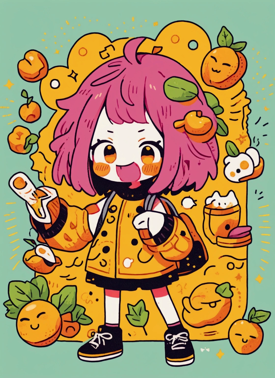 /Imagination prompts: Stickers with black background，Yellow peach，of peaches，fruit，cute，Business Illustration, Use bold outline style,cuteip形象，Smiling emoticon，Light shadow - v 5.2