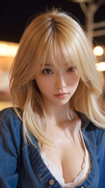 Highest quality、Japanese women、The most beautiful woman in the world、sexy、Blonde long hair hairstyle、Small face、Beautiful skin、night、Large breasts、Realistic、sexyなポーズ、sexyな表情、