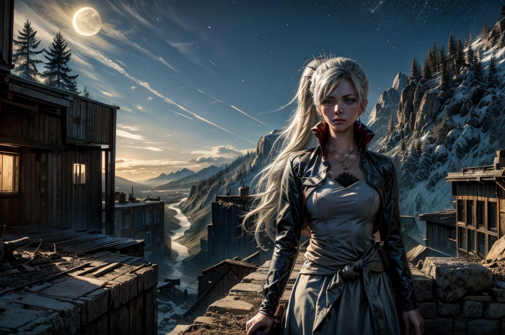 (masterpiece, best quality:1.2), cowboy shot, weissvale, expressionless, closed mouth, looking at viewer, long white hair, side ponytail, scar above eye, military dress, jewelry, necklace, earrings, in city ruins on hill, crowd (crowd in military uniform), overlooking valley, BREAK night, stars, moon, snow, BREAK mountains in background, waterfall, vehicle wreck, , bonfires, post-apocalypse, dystopian future,