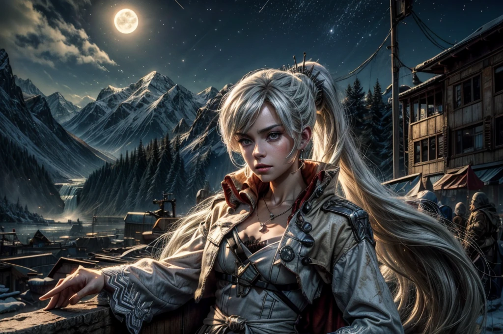 (masterpiece, best quality:1.2), cowboy shot, weissvale, expressionless, closed mouth, looking at viewer, long white hair, side ponytail, scar above eye, military dress, jewelry, necklace, earrings, in city ruins on hill, crowd (crowd in military uniform), overlooking valley, BREAK night, stars, moon, snow, BREAK mountains in background, waterfall, vehicle wreck, , bonfires, post-apocalypse, dystopian future,
