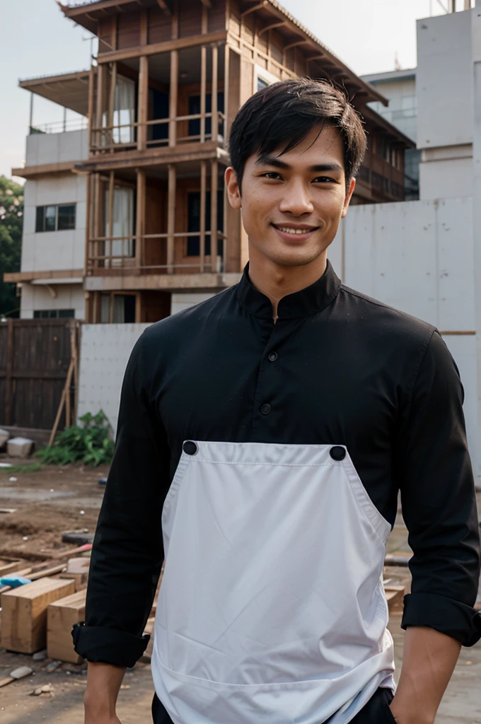 ภาพrealistic, Thai Men, handsome,cool, smile,The figure looks good., Skinny,Wear a black suit., Age 50, Oval face,Go see the construction site, outdoor, In the back there are people working on construction., Build a 3-story house,clarity, Bokeh, realism, realistic, realism, professional photography, FuSD, dslr.