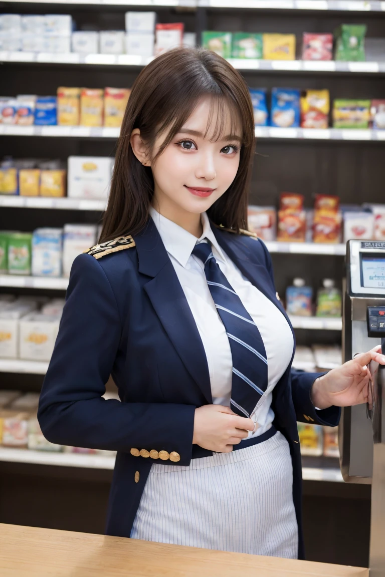 Convenience store clerk cashier , Highest quality, shape, Very detailed, In detail, High resolution, 8k wallpaper, Perfect dynamic composition, Beautiful details,  Natural Lip, Blue and white striped uniform panty shot , Big Breasts, Lawson&#39;s uniform is open，Cleavage, She is smiling happily while looking back in an erotic pose. ..., A masterpiece of the whole body, Whole shot