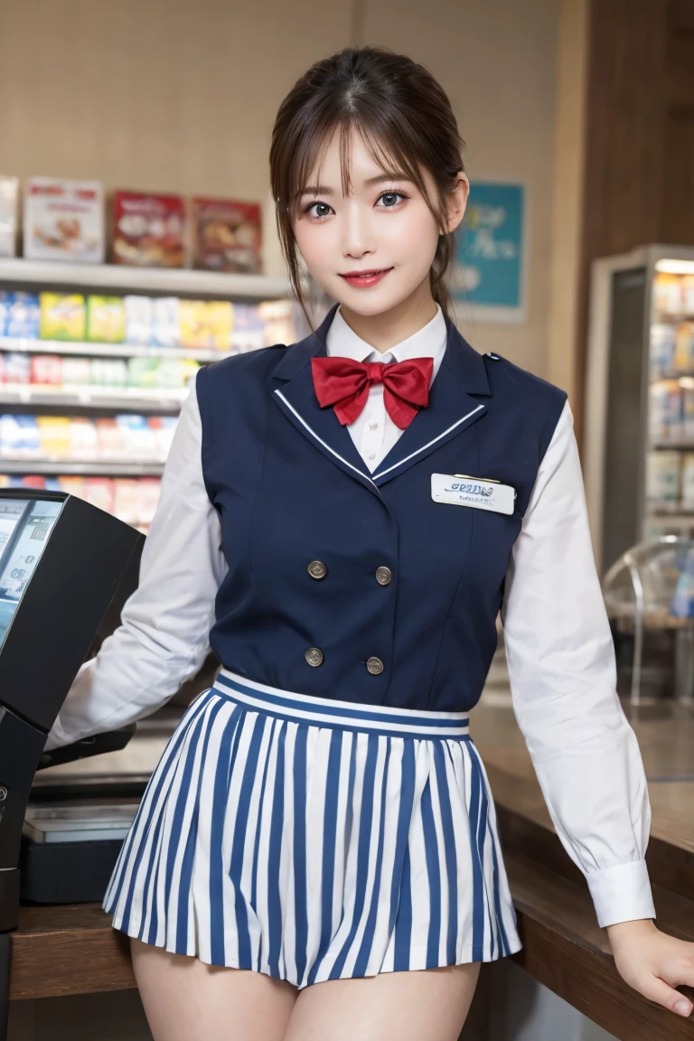 Convenience store clerk cashier , Highest quality, shape, Very detailed, In detail, High resolution, 8k wallpaper, Perfect dynamic composition, Beautiful details,  Natural Lip, Blue and white striped uniform panty shot , Big Breasts, Lawson&#39;s uniform is open，Cleavage, She is smiling happily while looking back in an erotic pose. ..., A masterpiece of the whole body, Whole shot