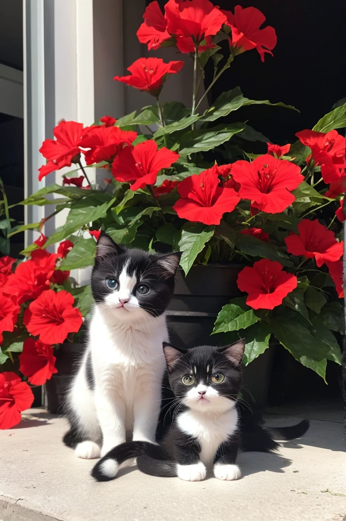 1 kitten、Coat color is white and black、Surrounded by red hibiscus、Hibiscus has a glass-like transparency、Strong sunlight、A blue sky with countless lights twinkling like stars