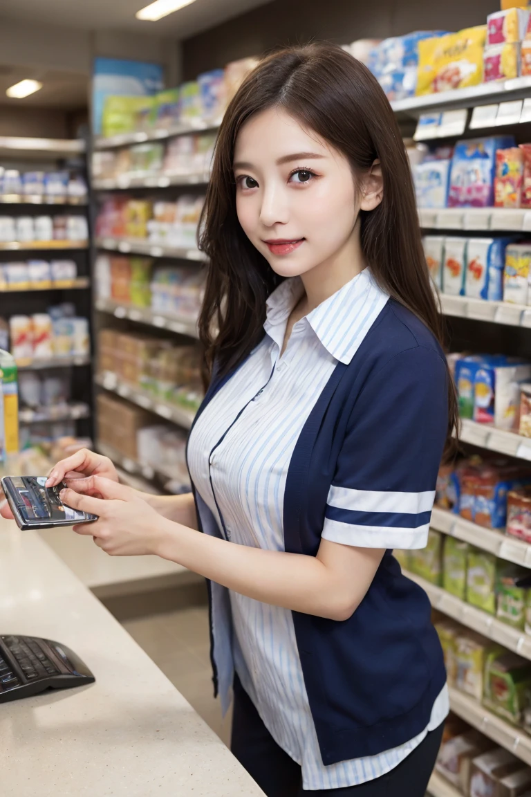 Convenience store clerk cashier , Highest quality, shape, Very detailed, In detail, High resolution, 8k wallpaper, Perfect dynamic composition, Beautiful details, Natural Lip, Blue and white striped uniform panty shot , Big Breasts, Lawson's uniform is open,Cleavage, She is smiling happily while looking back in an erotic pose. ..., A masterpiece of the whole body, Whole shot