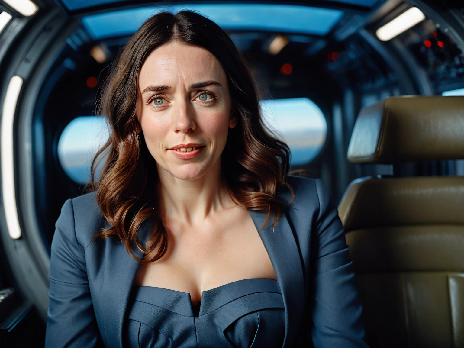 Insatiable Skirt lover and kind, shy woman Jacinda Ardern has Intense Orgasming love for her skirt, sitting and wearing (long pleated full circle skirt), uniform jacket and strapless low pump office shoes, (pronounced (feminine) features), (very windy), skirt is flowing wildly in the wind, inside a spaceship travelling through deep space, very, very intricate hyper-detailed symmetric (attractive graceful young feminine face) with (sad, tired eyes and a loving smile), very voluptuous breasts, full of empathy and compassion and love, (pronounced (feminine) features), (highly detailed ultra accurate realistic) hands and fingers, (windy), epic composition, highly detailed attributes, (35mm f1.4 Kodak portra 400 photograph), extremely high quality RAW photograph, highly detailed atmosphere, sci-fi, cinematic shot, dynamic lighting, 75mm, Technicolor, Panavision, cinemascope, sharp focus, fine details, 8k, HDR, realism, realistic, key visual, film still, superb cinematic color grading, depth of field