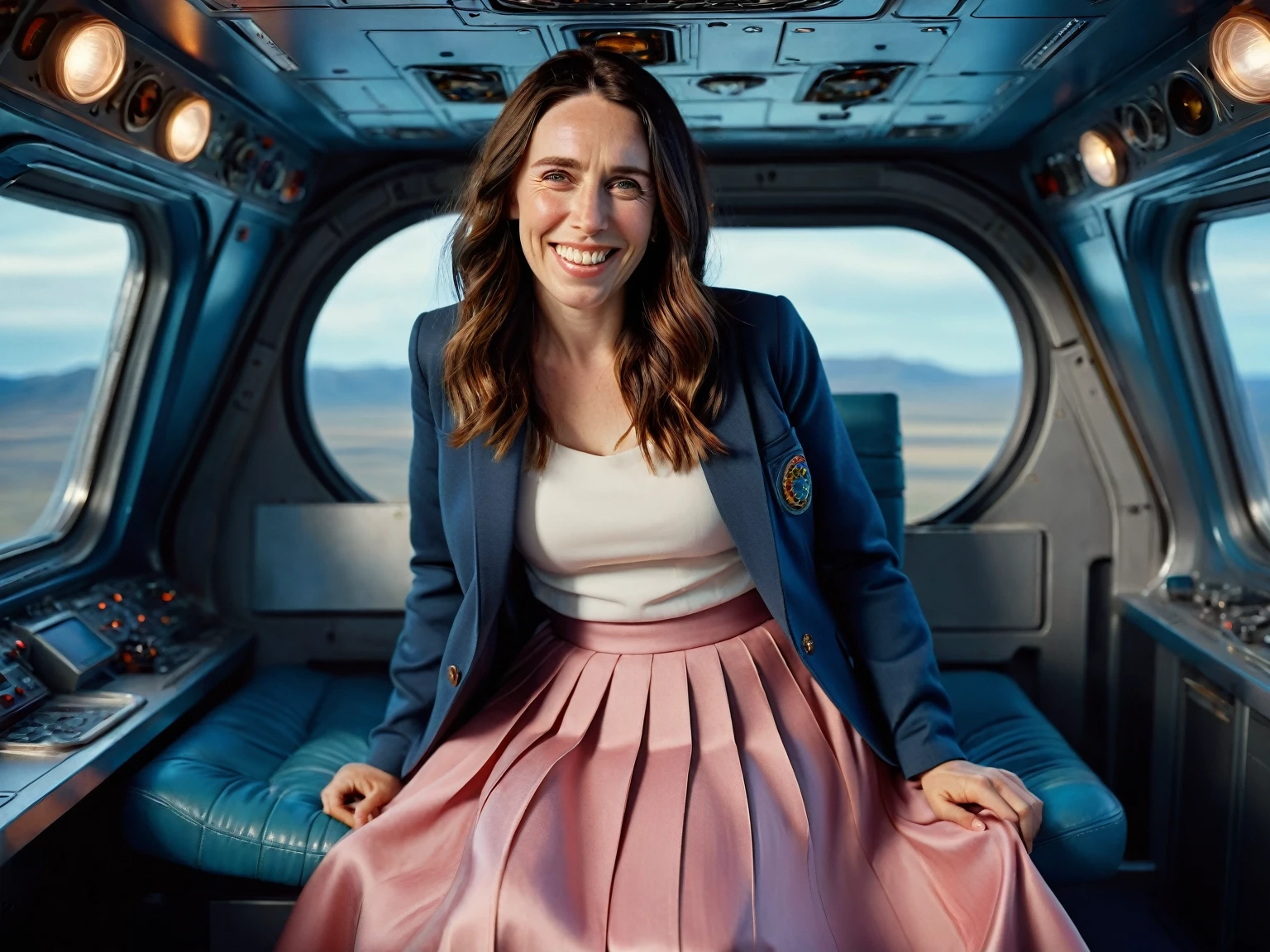 Insatiable Skirt lover and kind, shy woman Jacinda Ardern has Intense Orgasming love for her skirt, sitting and wearing (long pleated full circle skirt), uniform jacket and strapless low pump office shoes, (pronounced (feminine) features), (very windy), skirt is flowing wildly in the wind, inside a spaceship travelling through deep space, very, very intricate hyper-detailed symmetric (attractive graceful young feminine face) with (sad, tired eyes and a loving smile), very voluptuous breasts, full of empathy and compassion and love, (pronounced (feminine) features), (highly detailed ultra accurate realistic) hands and fingers, (windy), epic composition, highly detailed attributes, (35mm f1.4 Kodak portra 400 photograph), extremely high quality RAW photograph, highly detailed atmosphere, sci-fi, cinematic shot, dynamic lighting, 75mm, Technicolor, Panavision, cinemascope, sharp focus, fine details, 8k, HDR, realism, realistic, key visual, film still, superb cinematic color grading, depth of field