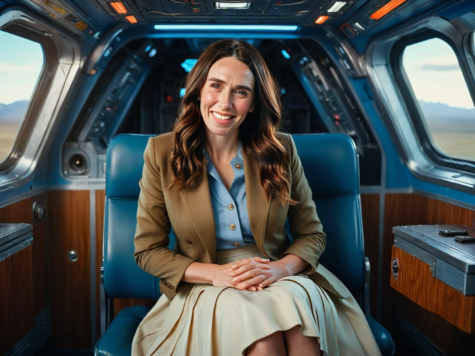 Insatiable Skirt lover and kind, shy woman Jacinda Ardern has Intense Orgasming love for her skirt, sitting and wearing (long pleated full circle skirt), uniform jacket and strapless low pump office shoes, (pronounced (feminine) features), (very windy), skirt is flowing wildly in the wind, inside a spaceship travelling through deep space, very, very intricate hyper-detailed symmetric (attractive graceful young feminine face) with (sad, tired eyes and a loving smile), very voluptuous breasts, full of empathy and compassion and love, (pronounced (feminine) features), (highly detailed ultra accurate realistic) hands and fingers, (windy), epic composition, highly detailed attributes, (35mm f1.4 Kodak portra 400 photograph), extremely high quality RAW photograph, highly detailed atmosphere, sci-fi, cinematic shot, dynamic lighting, 75mm, Technicolor, Panavision, cinemascope, sharp focus, fine details, 8k, HDR, realism, realistic, key visual, film still, superb cinematic color grading, depth of field