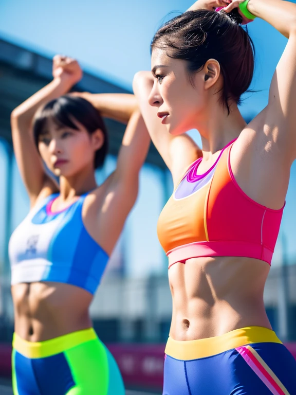 Best quality 8k resolution Ultra detailed Bright neon colored competition sportswear Serious facial expression Two women Abs Arms up Very short hair High waisted tights Flat chest Japanese Sharp focus Track and field club Very short hair 27 years old Sweating