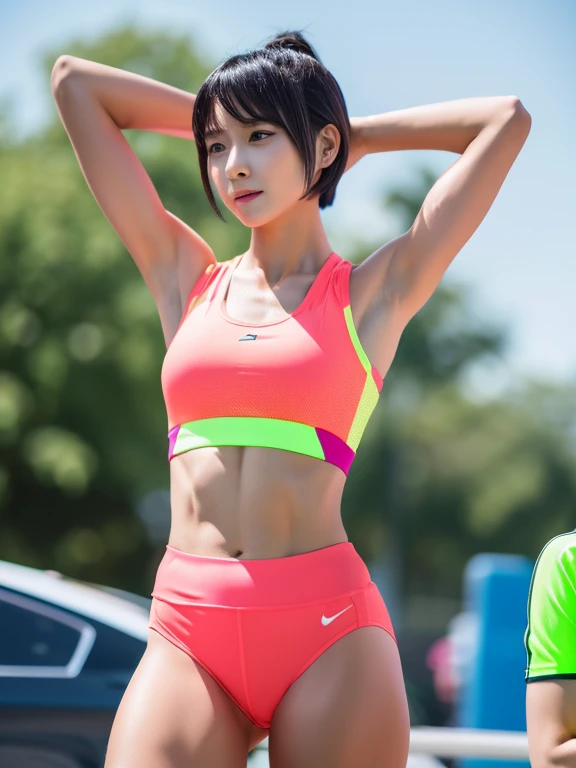 Best quality 8k resolution Ultra detailed Bright neon colored competition sportswear Serious facial expression Two women Abs Arms up Very short hair High waisted tights Flat chest Japanese Sharp focus Track and field club Very short hair 27 years old Sweating