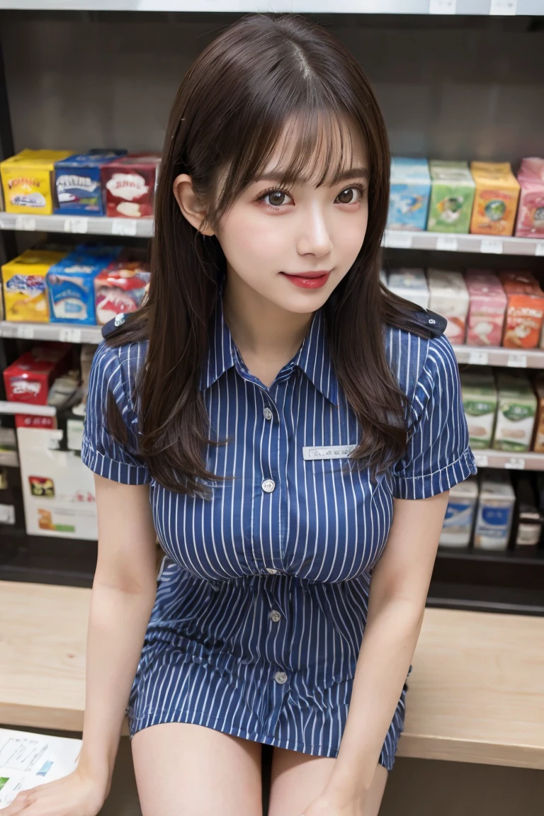 Convenience store clerk cashier , Highest quality, shape, Very detailed, In detail, High resolution, 8k wallpaper, Perfect dynamic composition, Beautiful details, Natural Lip, Blue and white striped uniform panty shot , Big Breasts, Lawson's uniform is open,Cleavage, She is smiling happily while looking back in an erotic pose. ..., A masterpiece of the whole body, Whole shot