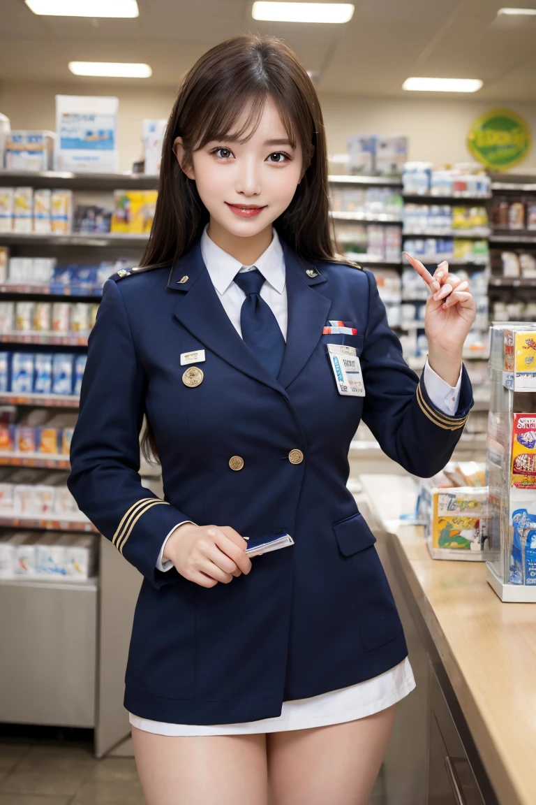 Convenience store clerk cashier , Highest quality, shape, Very detailed, In detail, High resolution, 8k wallpaper, Perfect dynamic composition, Beautiful details, Natural Lip, Blue and white striped uniform panty shot , Big Breasts, Lawson's uniform is open,Cleavage, She is smiling happily while looking back in an erotic pose. ..., A masterpiece of the whole body, Whole shot