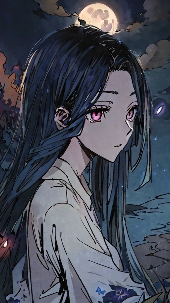 masterpiece, best quality, night, hill, clouds, full moon, long hair, woman, silhouette, fireflies, glowing eyes, blue colour