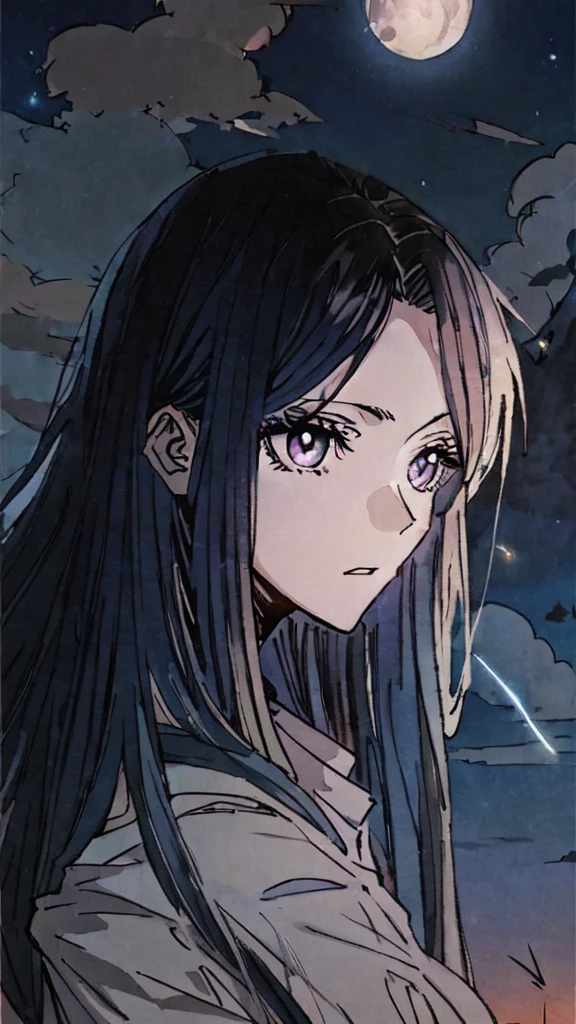 masterpiece, best quality, night, hill, clouds, full moon, long hair, woman, silhouette, fireflies, glowing eyes, blue colour