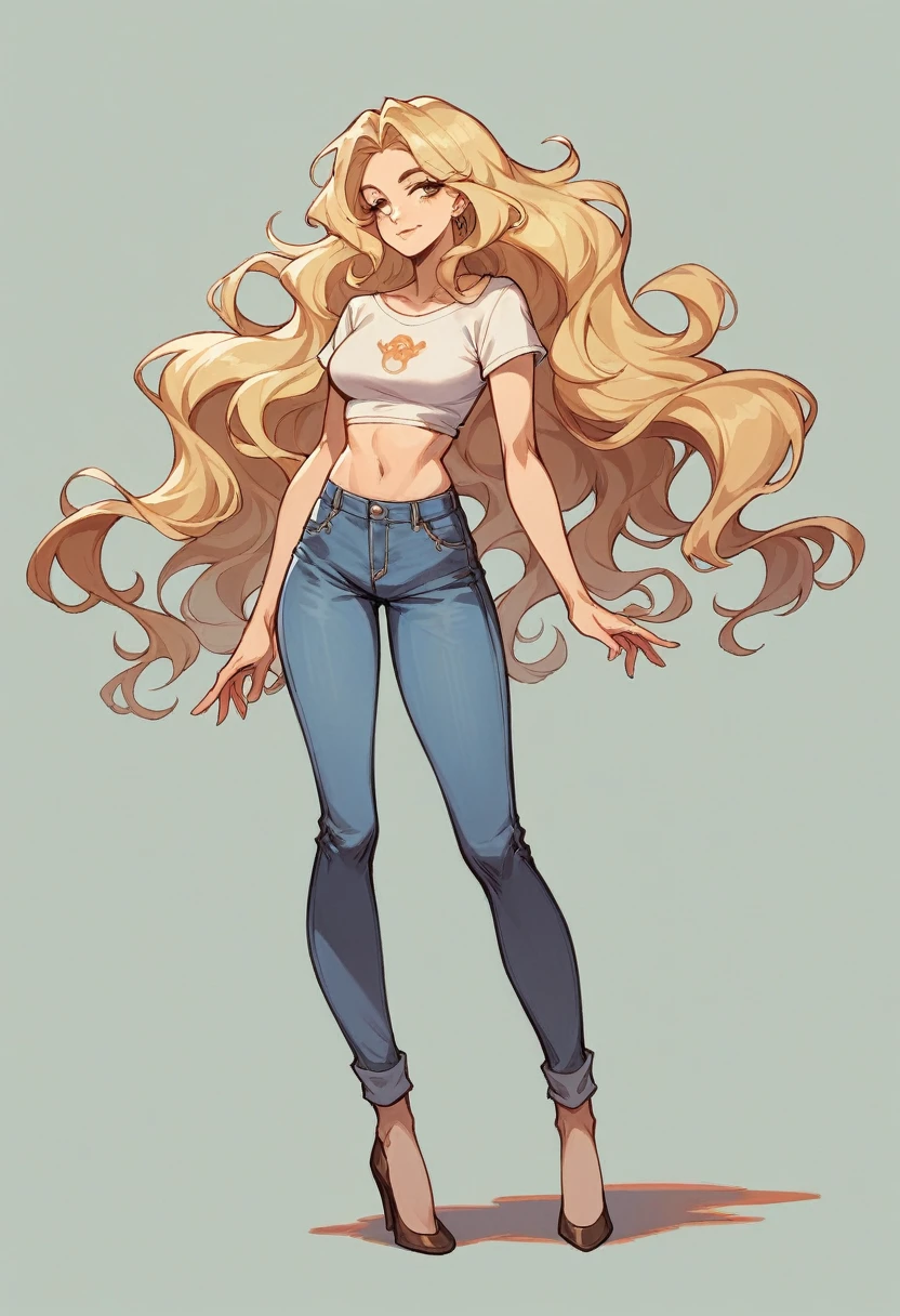 beautiful blonde woman, with brown locks of very long and wavy hair , au yeux vertd'origine espagnol , avec un joli visage doux , habiller d'un jeans et crop top, big tits with heels