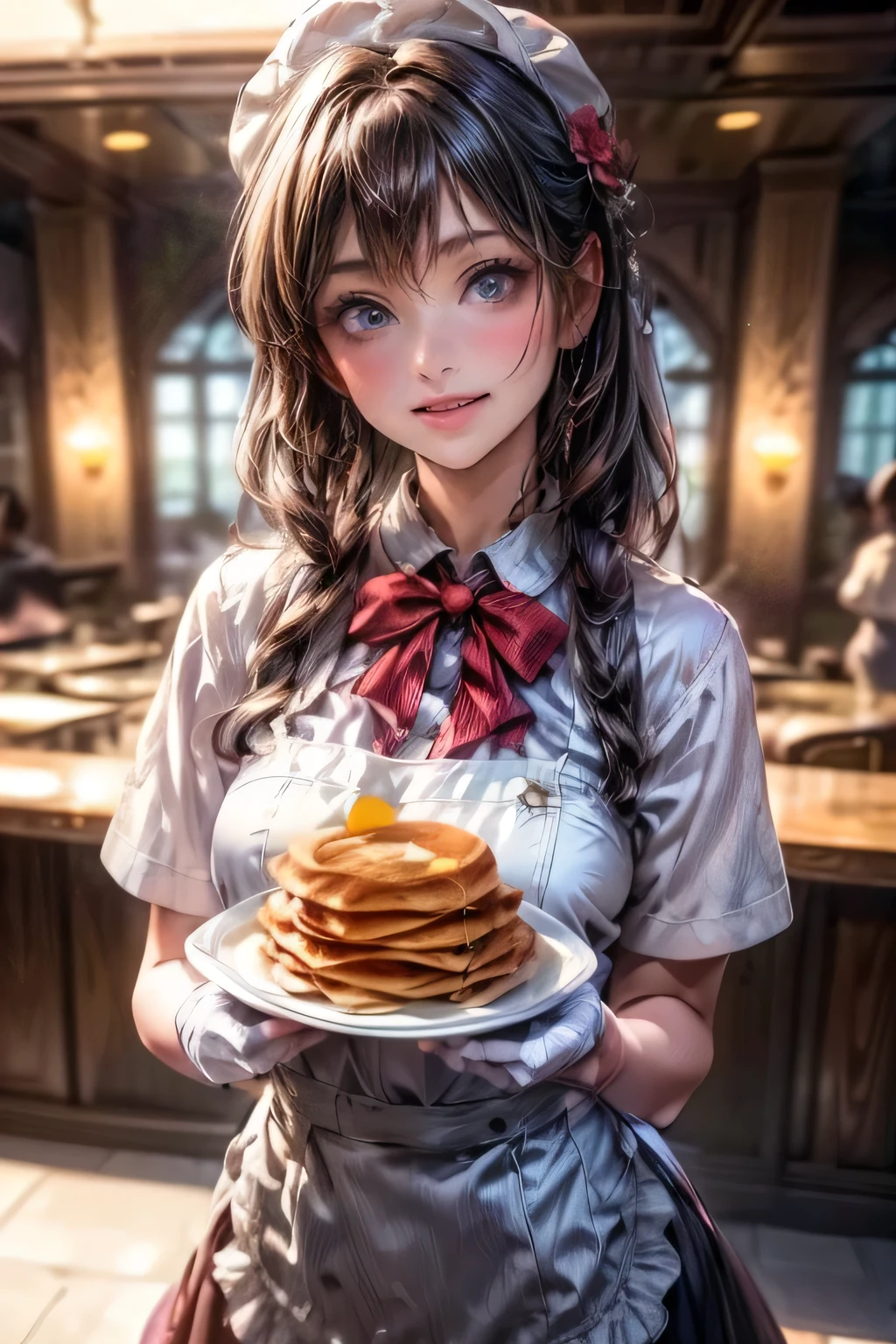 at fastfood restaurant, beautiful cute young lady is holding plates that pancakes on them as a waitress, 1girl, standing, smile, food, gloves, waitress apron uniform, solo, holding, red gloves, hat, open mouth, :d, blurry background, brown hair, flower, looking at viewer, blurry, shirt, hair ornament, white headwear, black shirt, short sleeves, blush, pancake, hair flower, plate, bangs, blue eyes, (best quality,4k,8k,highres,masterpiece:1.2),ultra-detailed,(realistic,photorealistic,photo-realistic:1.37),,