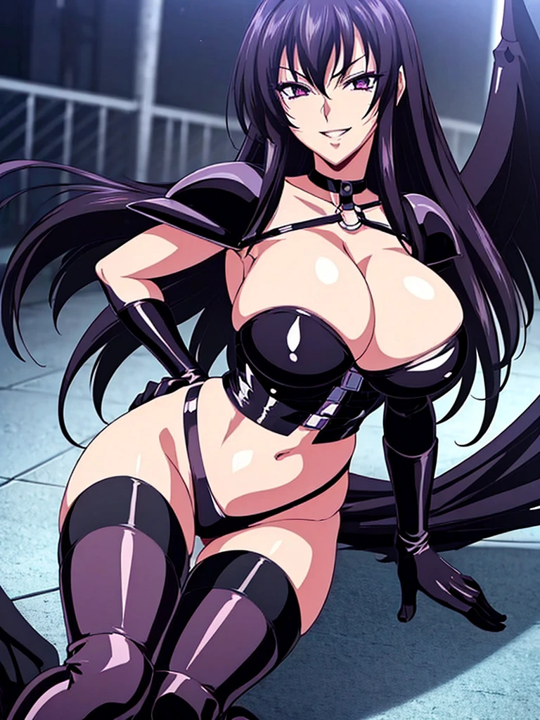(night:1.7), , , collarbone,choker,black outfit,belly button, Torn_Clothes, Torn_Legwear,rock,collar, Pauldrons, High Leg,boots,Knee socks, purple_eye,,black_hair,very_length_hair,elbow_gloves, 1 girl, 20 years,Mature Woman,beautiful Finger,beautiful length legs,beautiful body,beautiful Nose,beautiful character design, perfect eye, perfect face, looking at the Viewer, (Innocent_big_eye:1.0),smile,to evil_smileface,to evil_face,Grin,View,, collarbone,choker,black outfit,belly button, Torn_Clothes, Torn_Legwear,rock,collar, Pauldrons, High Leg,boots,Knee socks, purple_eye,,black_hair,very_length_hair,elbow_gloves, 1 girl, 20 years,Mature Woman,beautiful Finger,beautiful length legs,beautiful body,beautiful Nose,beautiful character design, ,, looking at the Viewer, ,, ,Official Art,Highly detailed CG Unity 8k wallpaper, Perfect lighting,colorful, , (masterpiece:1.0),(Highest_quality:1.0), 超High resolution,4K,Very detailed, photo shoot, 8k, High resolution, High resolution, Confused:1.2, Kodak Portrait 400, Film Grain, Blurred Background, Bokeh:1.2, Lens flare, (Vibrant_color:1.2) (beautiful,big_chest:1.4), (beautiful_face:1.5),(narrow_Waist),alone,naughty face,(evil huge laugh:1.1),deep shaded face,smile worst,right three spike shoulder pad,,conceit,hand on hip,to evil smirk,latex hands,latex fingers,too evil huge laugh,sadistic smile,deep shaded face,,smile worst,worst ridecule,too evil moukery,,laugh full of malice,