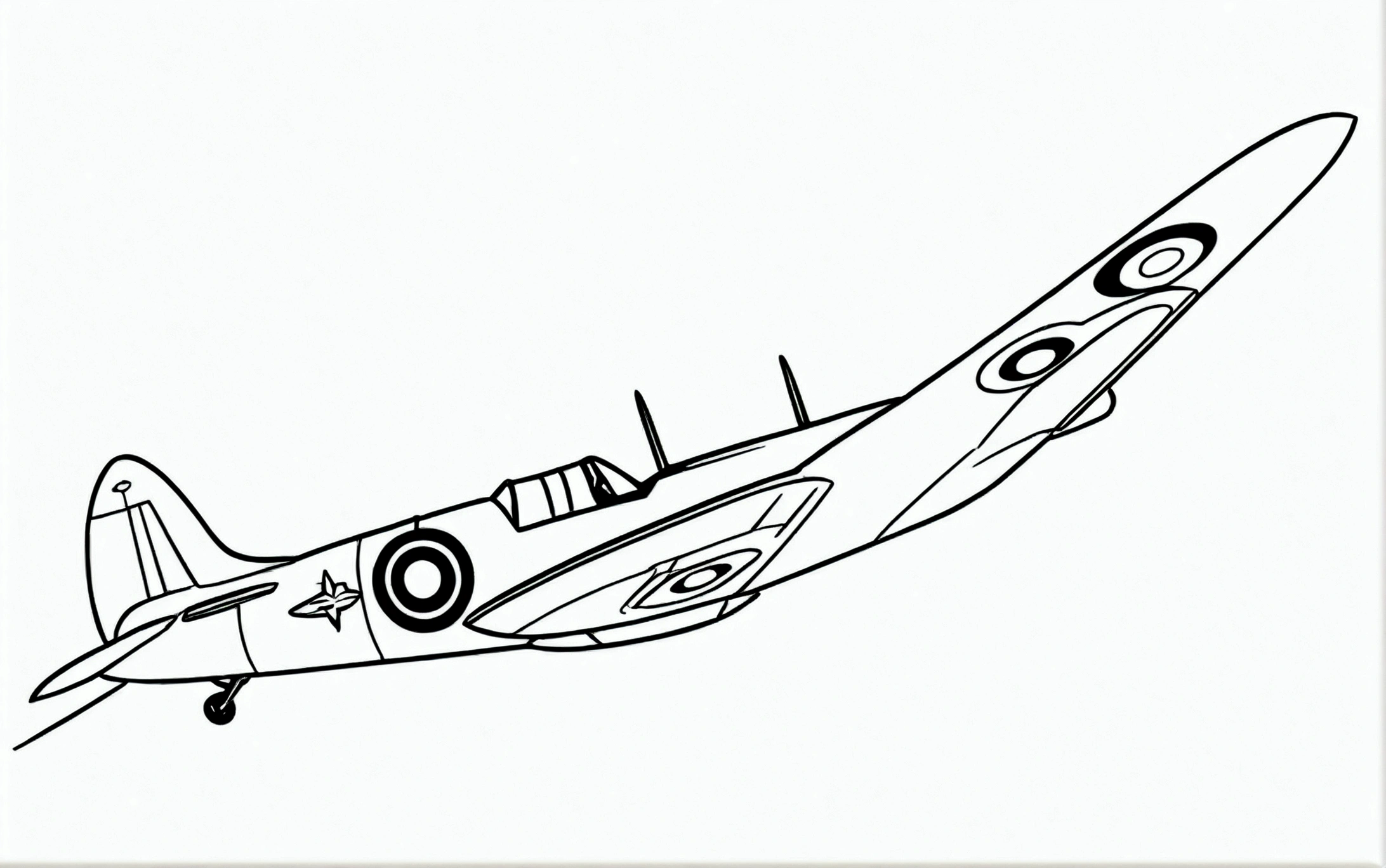 draw me a precise sketch line drawing of spitfire aircraft, isolated, surrounded with negative space, only one line, coloring book page, perfect proportion

