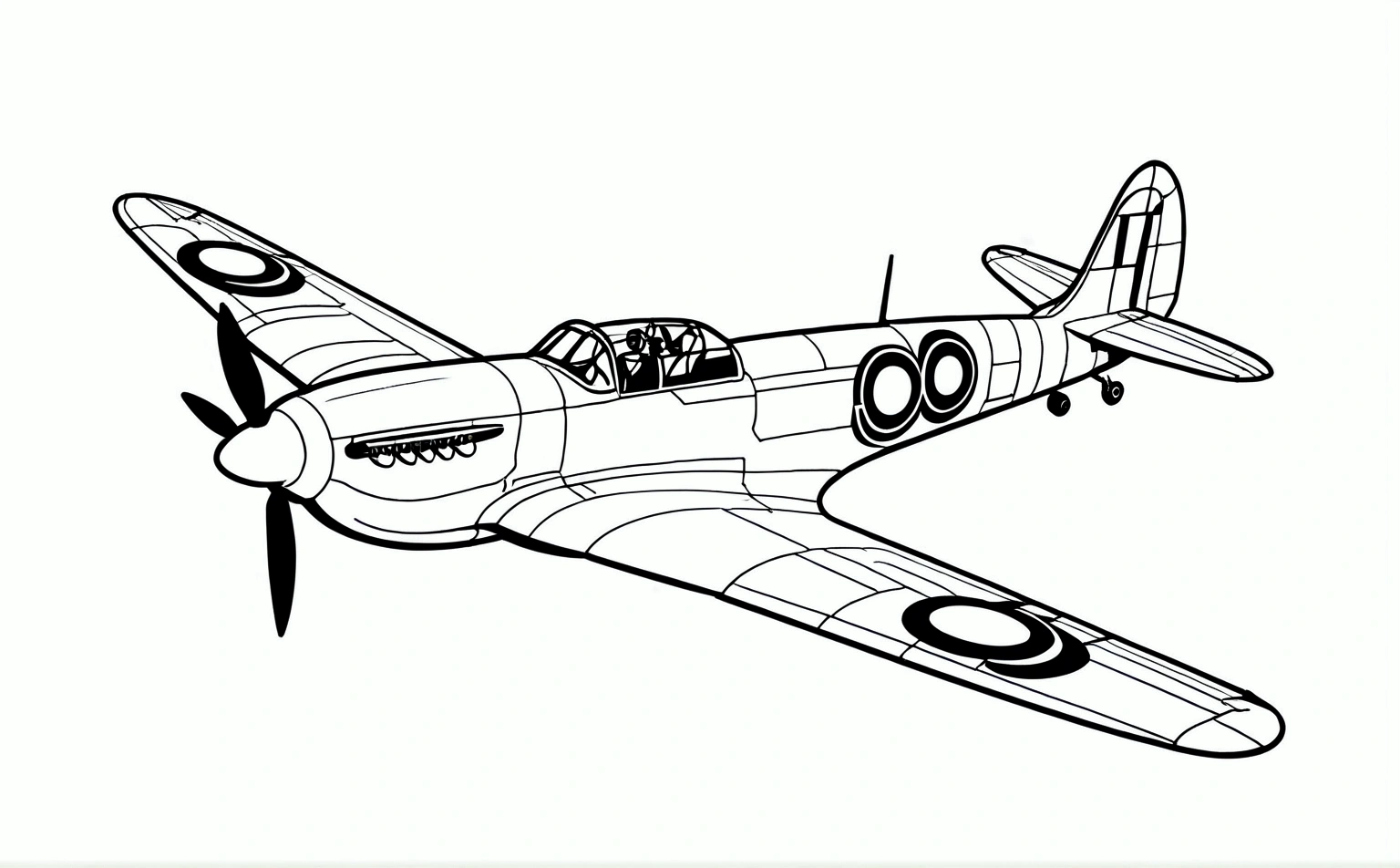 draw me a precise sketch line drawing of spitfire aircraft, isolated, surrounded with negative space, only one line, coloring book page, perfect proportion