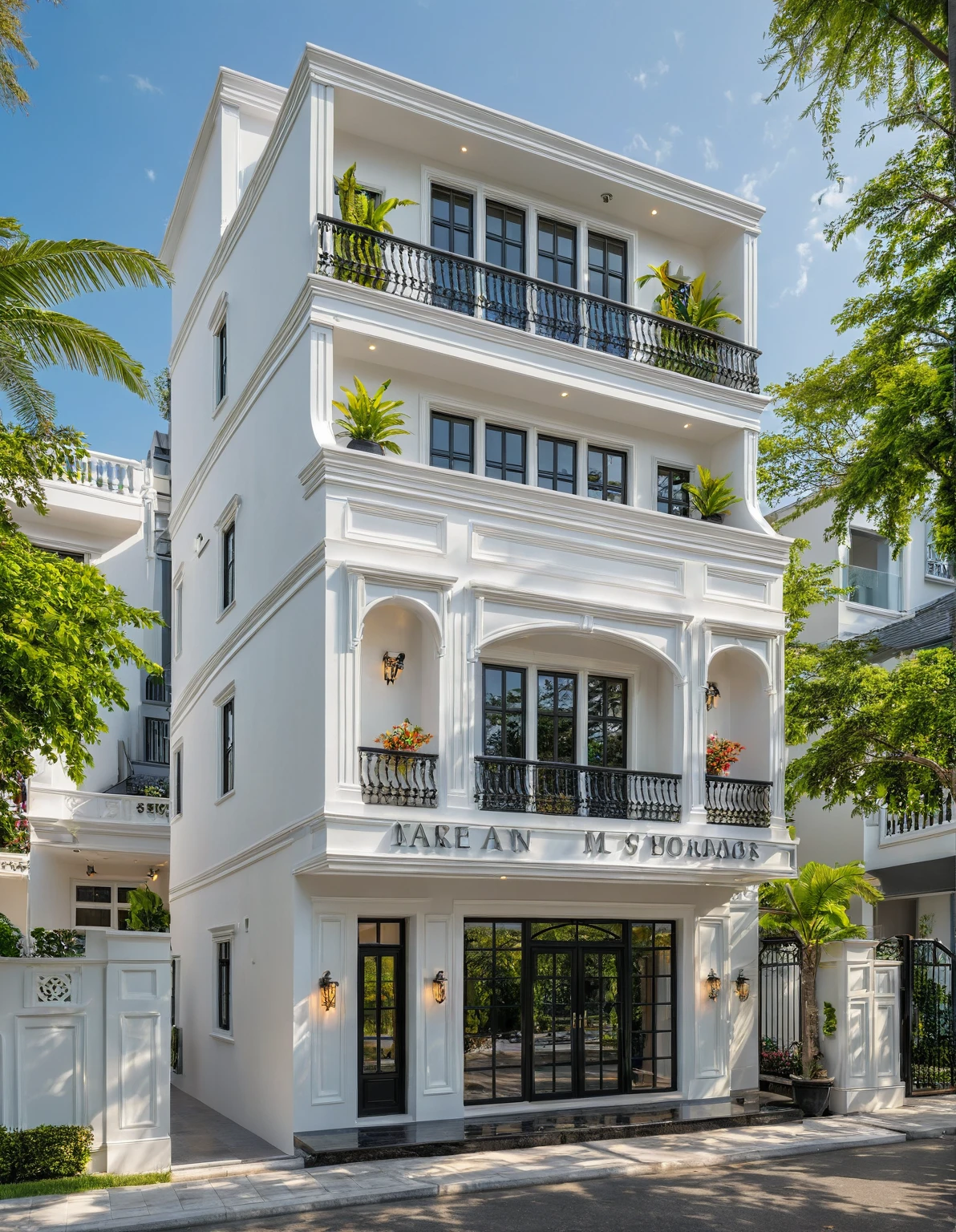 neo classical villa on street, (daylight), tropical tree, vivid colour, streetcapes, white tone, black detail, white wall, large glass door, warm interior lighting, best quality, masterpiece, ultra realistic