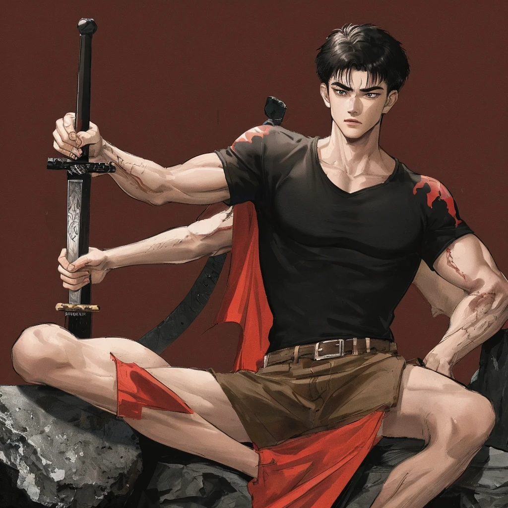 Masterpiece quality, 8K , well crafted details, 1 man , muscular build, In the background , Red stripes , Black background , Sword on the back , black T-shirt , Sits on a stone , inscription on the background (Berserk)