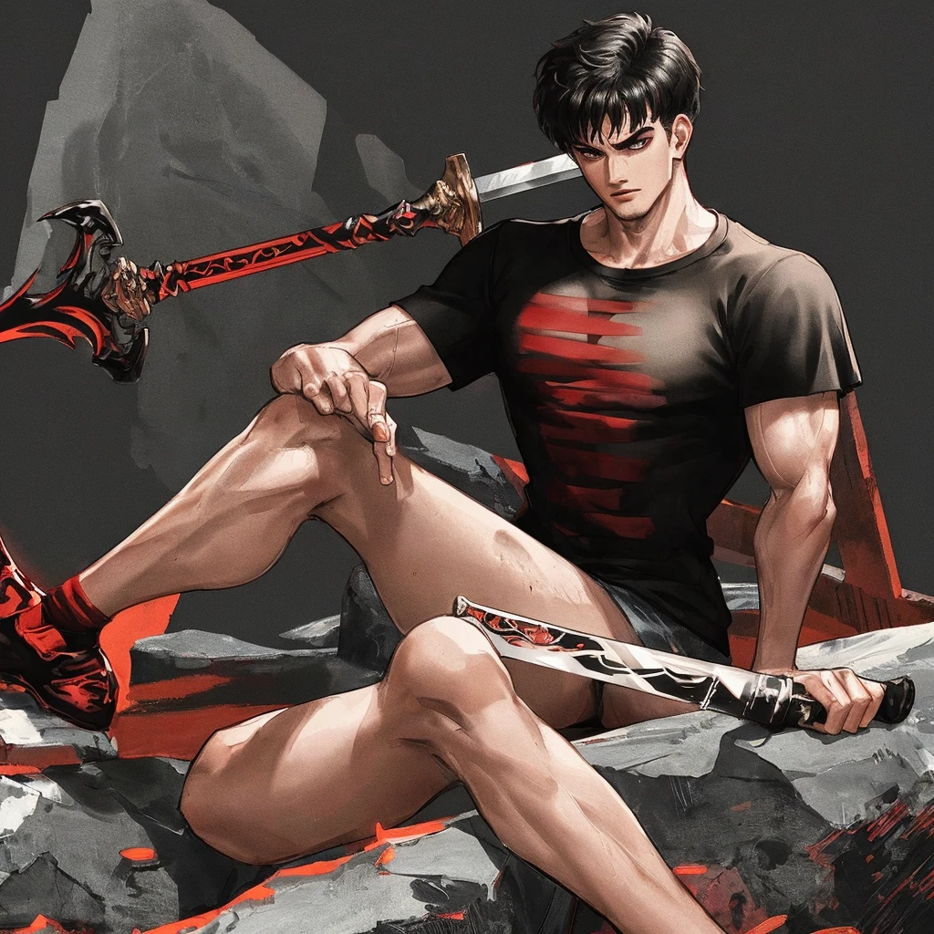 Masterpiece quality, 8K , well crafted details, 1 man , muscular build, In the background , Red stripes , Black background , Sword on the back , black T-shirt , Sits on a stone , inscription on the background (Berserk)
