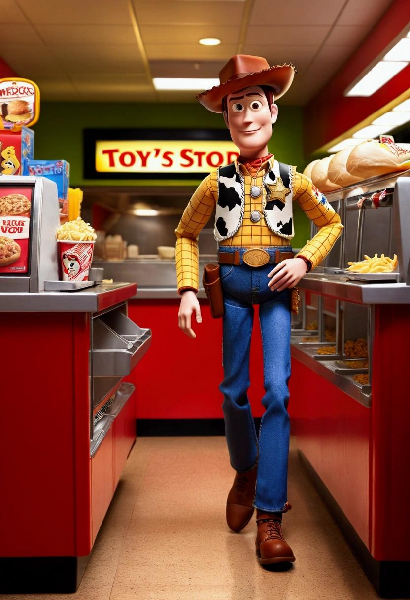 a Fast Food Worker, movie "Toy Story", full body, cinematic still, cinemascope, best quality, masterpiece, very aesthetic, perfect composition, intricate details, ultra-detailed, vivid colors
