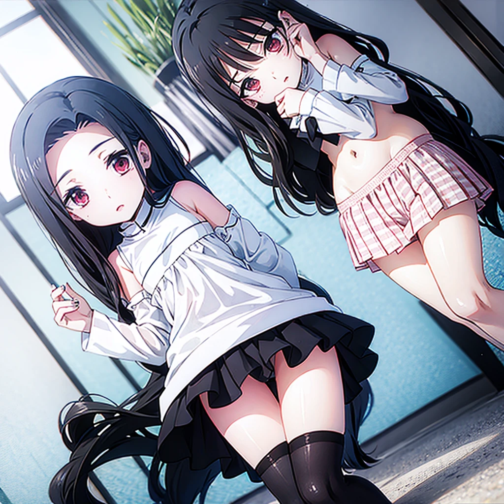 Underwear for two girls, Ages 5 to 、Realistic panties made from patterned cotton fabric、Translucent slip、Skirt lining、Skirt flip、In the shadow of a dark tree、Put your hands on your crotch、tights、Peeking from below