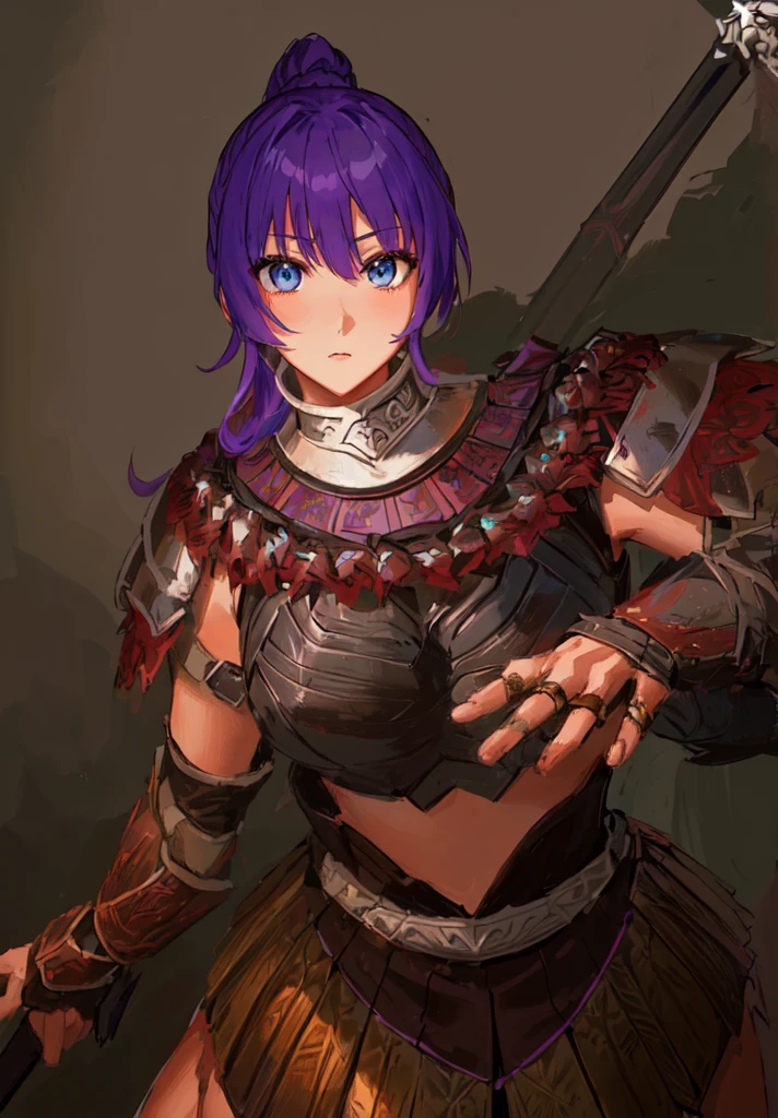 Wearing armor、Anime image of a woman holding a spear, Armor Girl, With scaly armor, Purple Armor, wearing monster hunter armor, A very beautiful berserker woman,Anime Art,Three Kingdoms志,Three Kingdoms。big boods,big ,huge ,sex body,Purple Hair,Blue Eyes,Black Leather,Brown skin,dark skin,