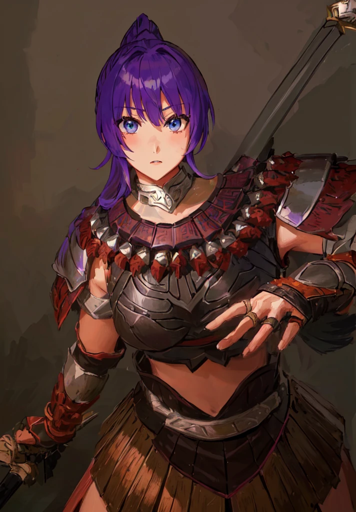 Wearing armor、Anime image of a woman holding a spear, Armor Girl, With scaly armor, Purple Armor, wearing monster hunter armor, A very beautiful berserker woman,Anime Art,Three Kingdoms志,Three Kingdoms。big boods,big ,huge ,sex body,Purple Hair,Blue Eyes,Black Leather,Brown skin,dark skin,