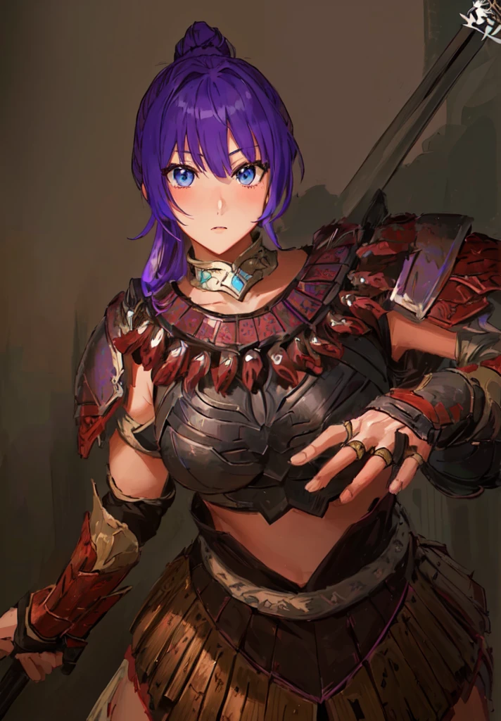 Wearing armor、Anime image of a woman holding a spear, Armor Girl, With scaly armor, Purple Armor, wearing monster hunter armor, A very beautiful berserker woman,Anime Art，Three Kingdoms志，Three Kingdoms。big boods，big ，huge ，sex body，Purple Hair，Blue Eyes，Black Leather，Brown skin，dark skin，