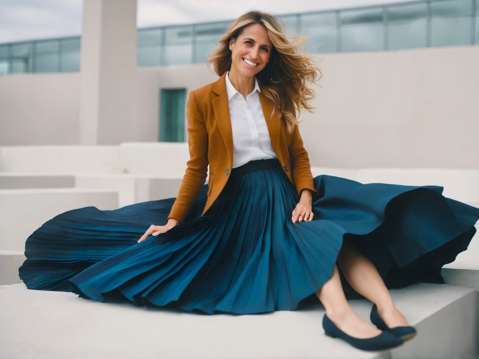 Insatiable Skirt lover and kind, shy woman Emily Maitlis has Intense ng love for her skirt, sitting and wearing (long pleated full circle skirt), uniform jacket and strapless low pump office shoes, (pronounced (feminine) features), (very windy), skirt is flowing wildly in the wind, inside a spaceship travelling through deep space, very, very intricate hyper-detailed symmetric (attractive graceful young feminine face) with (sad, tired eyes and a loving smile), very voluptuous breastsof empathy and compassion and love, (pronounced (feminine) features), (highly detailed ultra accurate realistic) hands and fingers, (windy), epic composition, highly detailed attributes, (35mm f1.4 Kodak portra 400 photograph), extremely high quality RAW photograph, highly detailed atmosphere, sci-fi, cinematic shot, dynamic lighting, 75mm, Technicolor, Panavision, cinemascope, sharp focus, fine details, 8k, HDR, realism, realistic, key visual, film still, superb cinematic color grading, depth of field