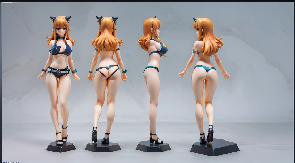 ((Best Quality)), ((Masterpiece)), (((detailed character sheet, frontal view, side view, three quarter view))) white background、one piece、whole body、whole bodyイラスト、whole bodyアニメーション、whole bodyリファレンスシート、denim、Tank top、High heels、Swimwear、bikini、original、New World、Long Hair、Orange Hair、Tattoo on left arm、Ring belt、Heighten your head、smile、Cute face、Narrow waist、Long legs、Beautiful feet、9 heads body、beautiful lady、small head、3D、portrait、mug shot