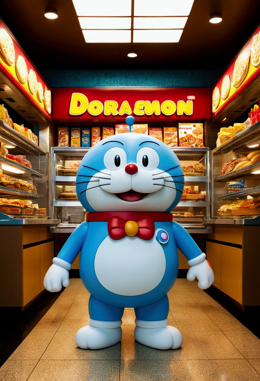 a Fast Food Worker, Doraemon, full body, cinematic still, cinemascope, best quality, masterpiece, very aesthetic, perfect composition, intricate details, ultra-detailed, vivid colors