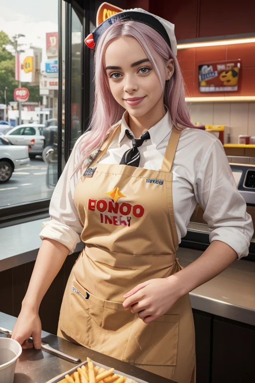 Billie Eilish as a fast food worker, fast food restaurant, fast food counter, sexy fast food apron, sexy fast food uniform, cleavage, french fries, hamburger, cheeseburger, soda, milkshake, cashier, order taking, cooking, serving, smiling, friendly expression, dynamic pose, bright lighting, warm colors, photorealistic, (best quality,4k,8k,highres,masterpiece:1.2),ultra-detailed,(realistic,photorealistic,photo-realistic:1.37)