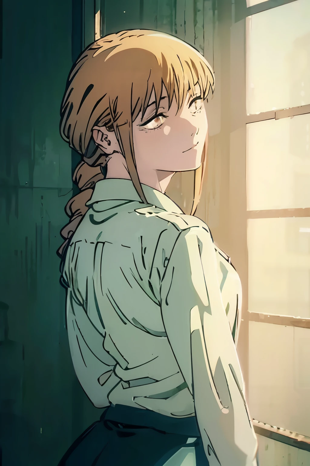 sunlight shining through the window, anime girl, Makima, this woman has a wonderful, soft appearance and a calm, soft and gentle smile, but there is a hidden intention behind it. The background should be subtle and moody, enhancing the emotional atmosphere without distracting from the characters. super high quality, HDRI, beautiful and fantastically designed, beautiful and fantastic scenery, in detail