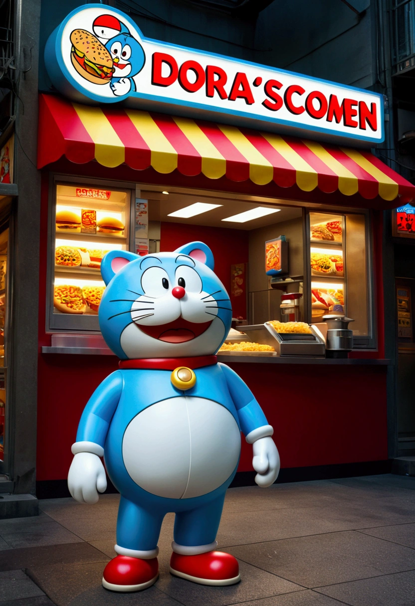 a Fast Food Worker, Doraemon, full body, cinematic still, cinemascope, best quality, masterpiece, very aesthetic, perfect composition, intricate details, ultra-detailed, vivid colors