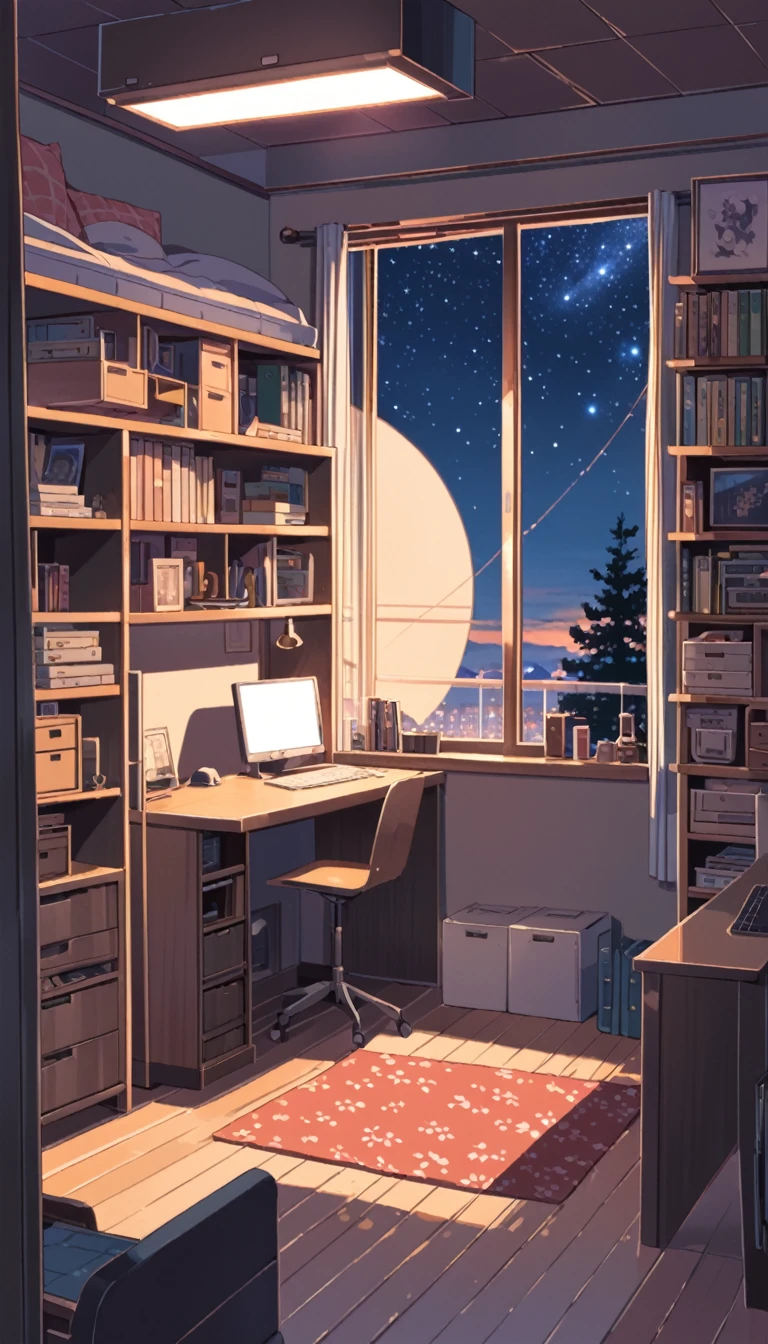 lofi art, style of Laurie Greasley, style of Makoto Shinkai, anime aesthetic, BREAK {illustration of inside room. Rooms with white as the base color, The interior should be cozy and detailed, featuring bunk beds. small window showing a night sky view, desk, computer, and personal items. Include shelves, storage spaces, The atmosphere should be warm and intimate}