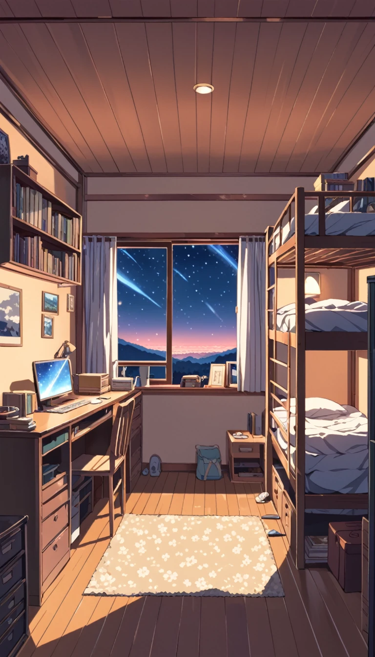 lofi art, style of Laurie Greasley, style of Makoto Shinkai, anime aesthetic, BREAK {illustration of inside room. Rooms with white as the base color, The interior should be cozy and detailed, featuring bunk beds. small window showing a night sky view, desk, computer, and personal items. Include shelves, storage spaces,  The atmosphere should be warm and intimate}