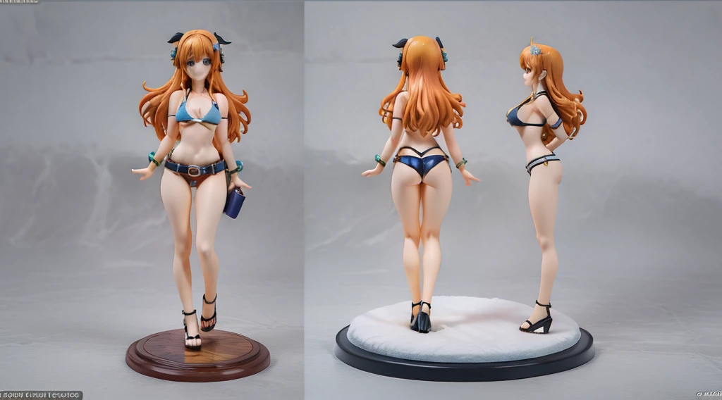 ((Best Quality)), ((Masterpiece)), (((detailed character sheet, frontal view, side view, three quarter view))) white background、one piece、whole body、whole bodyイラスト、whole bodyアニメーション、whole bodyリファレンスシート、denim、Tank top、High heels、Swimwear、bikini、original、New World、Long Hair、Orange Hair、Tattoo on left arm、Ring belt、Heighten your head、smile、Cute face、Narrow waist、Long legs、Beautiful feet、9 heads body、beautiful lady、small head、3D、portrait、mug shot
