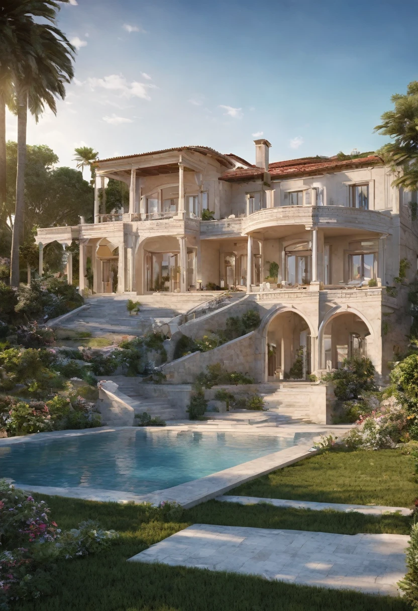 Generate a hyper-realistic image of a stunning and beautiful villa. The villa should be situated in a scenic location, perhaps on a lush hillside or near the coastline. The villa should exhibit a traditional yet sophisticated architectural style, featuring elements such as columns, arches, and terraces, with a mix of stone, brick, and wood in its materials. The surrounding gardens should be well-maintained and bursting with colorful flora and greenery. If the time of day is specified, capture the villa during a scenic time such as twilight or sunset for an extra-romantic backdrop.