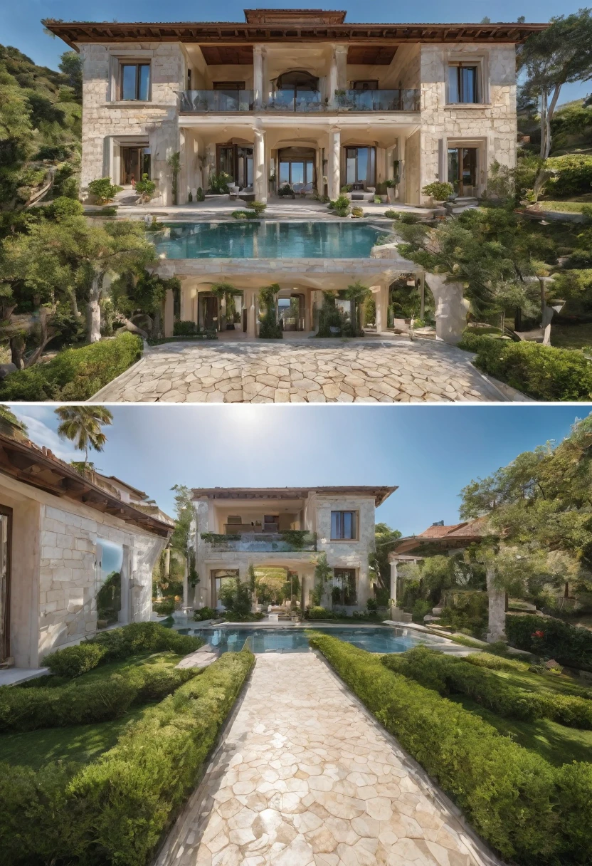 Generate a hyper-realistic image of a stunning and beautiful villa. The villa should be situated in a scenic location, perhaps on a lush hillside or near the coastline. The villa should exhibit a traditional yet sophisticated architectural style, featuring elements such as columns, arches, and terraces, with a mix of stone, brick, and wood in its materials. The surrounding gardens should be well-maintained and bursting with colorful flora and greenery. If the time of day is specified, capture the villa during a scenic time such as twilight or sunset for an extra-romantic backdrop.