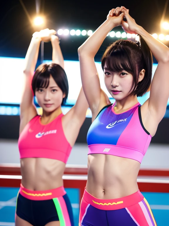 Best quality 8k resolution Ultra detailed Bright neon colored competition sportswear Serious facial expression Two women Abs Arms up Very short hair High waisted tights Flat chest Japanese Sharp focus Track and field club Very short hair 27 years old Sweating