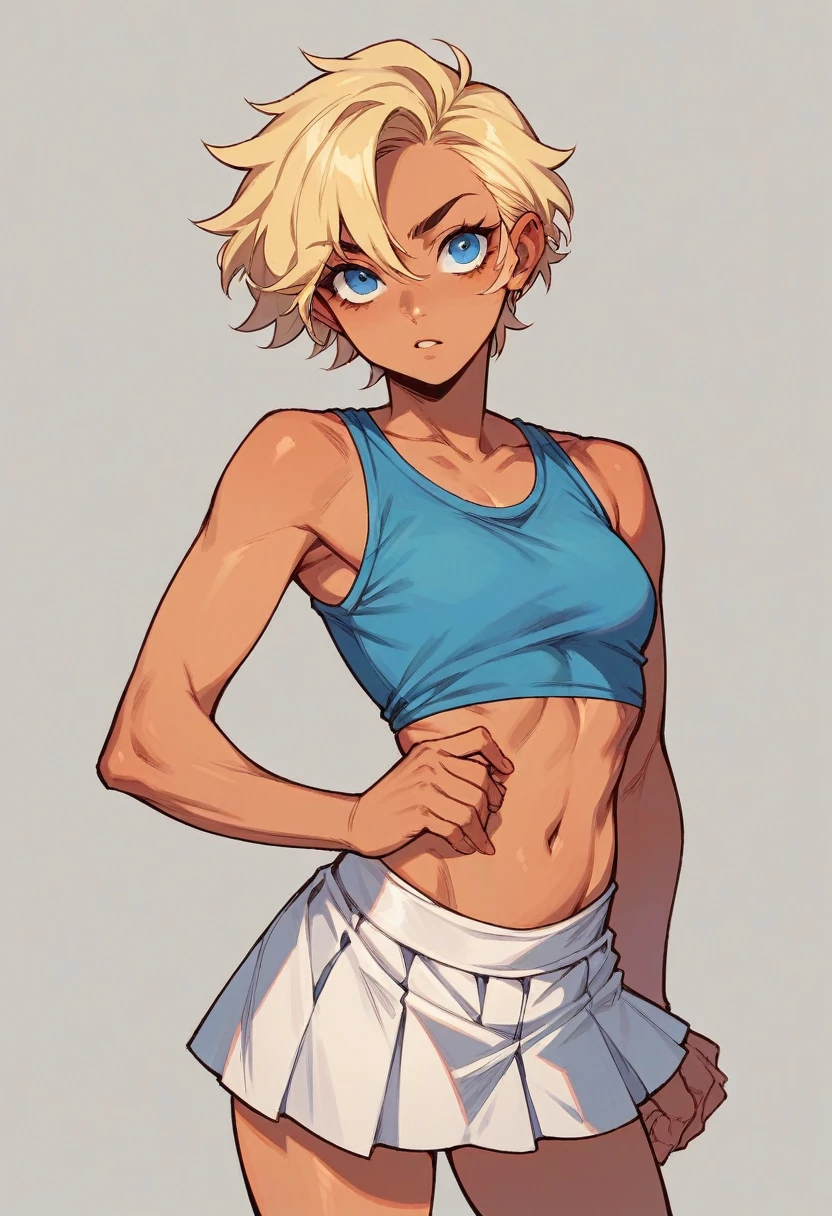 Girl with blonde hair and blue eyes wearing a crop top and short messy white skirt, slight tan,