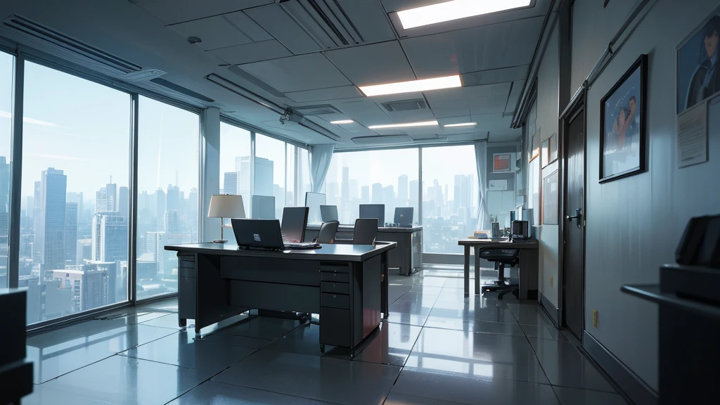 office, The office of the future, futuristic design, large desk, wall with paintings and diplomas, Glossy floor, hlLarge spacious windows, outside the window you can see a futuristic city with multi-story office buildings, starships fly, 16 thousand. ue5. Ultra slim, 8 k, HDR, product photography, depth of field, Nikon D850, Ultra realistic, no contrast, pure sharp focus, professional, There is no blur, Bright office, Light shades