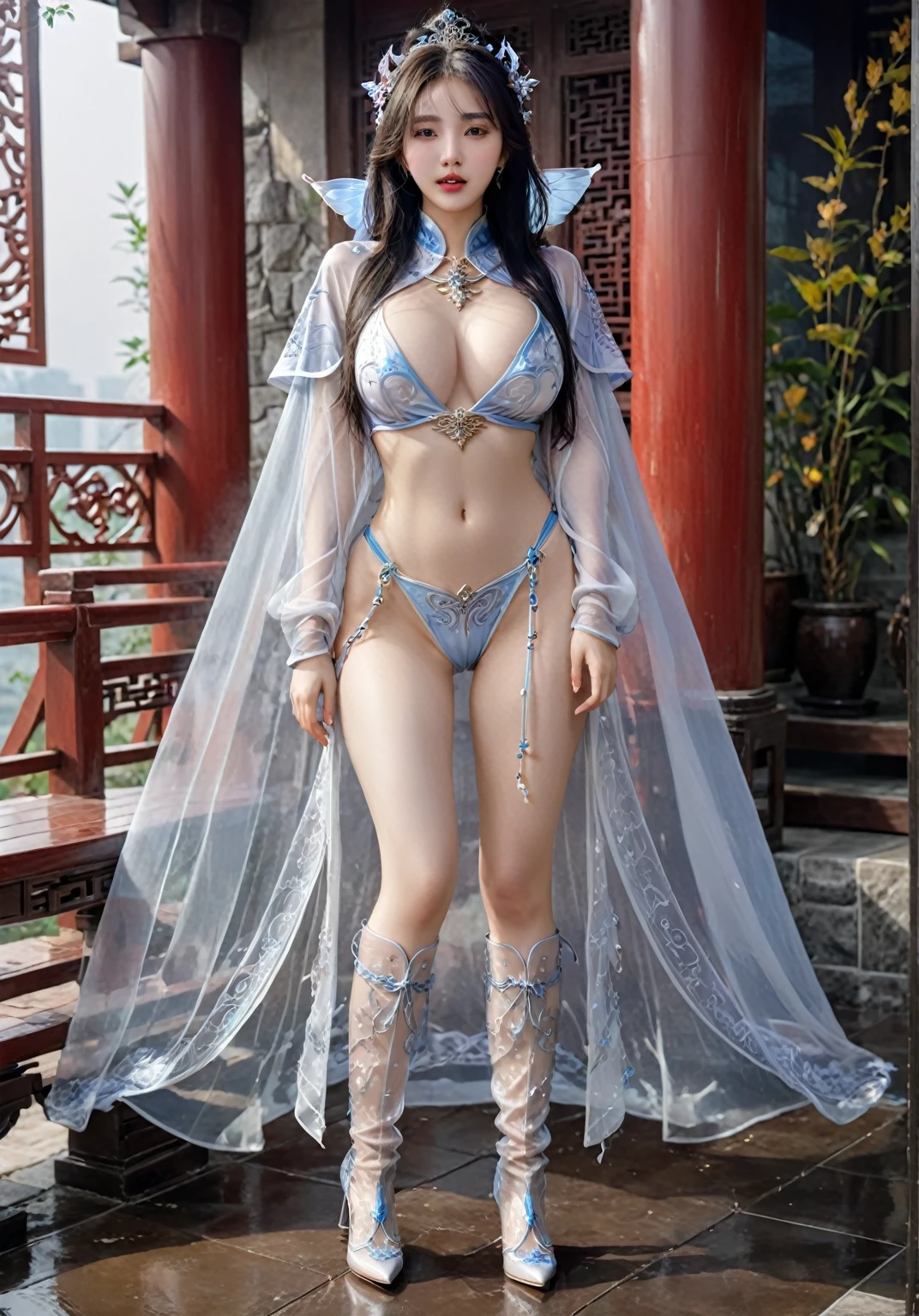 Li Yitong, Shy expression, Awkward,Beautiful fantasy queen, Gorgeous role-playing, Revealing clothing, Full body fairy, Extremely detailed photos of the goddess, Complex clothing, Transparent underwear,Long cloak, metal boots,Oriental Fantasy, y Girls, Beautiful goddess, Fantasy Robe, Full body photo of goddess