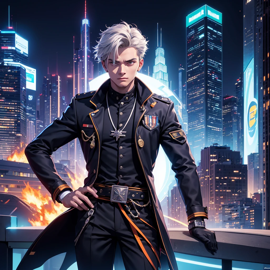 1. Focus on the Main Character:
- illustration of a young man in the center,
- **Costume Details**: the young man is wearing an academy uniform (dark blue jacket with silver accents on the collar and cuffs. This jacket has an adjustable waist belt)
- **Expression and Pose**: Shows cool and calm, perhaps in a relaxed but dominating pose.

### **2. Dynamic Background:**
- **City**: Shows a futuristic view of the city with tall buildings and advanced technology.
- **Spirit Nexus Academy**: A majestic image of the academy, with elements that reflect a prestigious training ground.

### **3. Fire and Spirit Elements:**
- **Blazing Starfire**: Burning flames with bright colors such as white, green, red and yellow, providing a dynamic and attractive effect.

### **4. Fantasy and Modern Touch:**
- **Futuristic**: Uses modern and futuristic design elements to reflect a technologically advanced world.

### **5. Color and Contrast:**
- **Color Palette**: Dominate fire colors such as red, orange and yellow, with contrasting blue or purple to give a magical and spiritual impression.