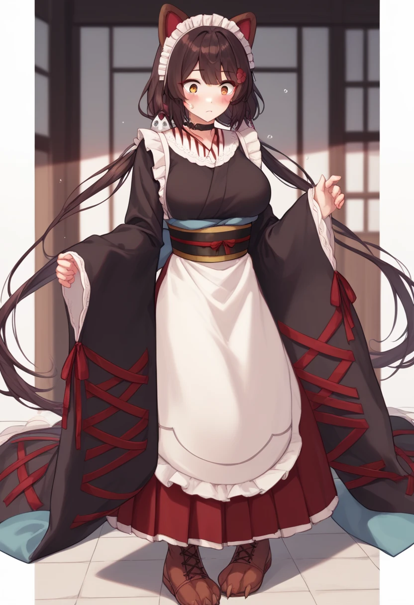it1, flower, twintails, low twintails, very long hair, dog girl
choker, maid headdress, black kimono, wide sleeves, frills, obi, white apron, sleeves past wrists, skirt, red skirt, brown footwear, cross-laced footwear、Large Breasts、T-Shirts(tight)Maxi Dresses、blush、surprised、trembling、Huge penis